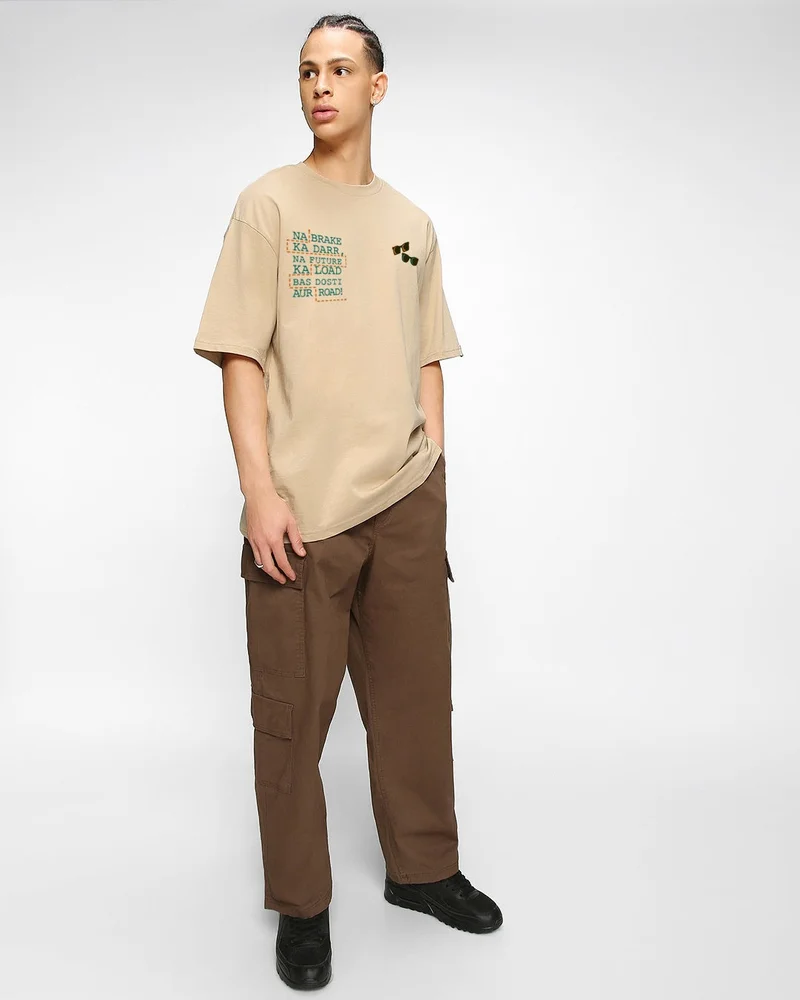 bewakoof  Men's Ginger Root Brown Dynamic Dosti Graphic Printed Oversized T-shirt for Men | Best Price UAE