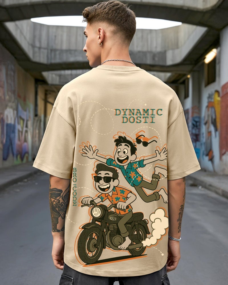bewakoof Men's Ginger Root Brown Dynamic Dosti Graphic Printed Oversized T-shirt - Image 2