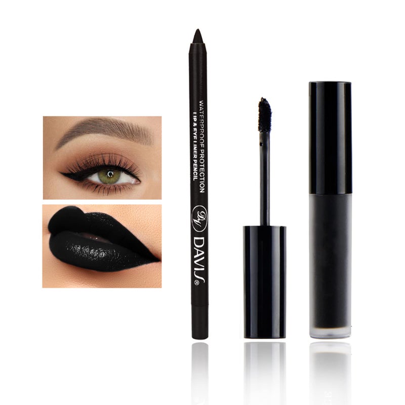 CAHIUYOA Black Matte Lipstick and Liner Set Liquid Lipstick Lip Gloss Smudge Proof for Halloween Cosplay Goth Makeup Waterproof and Long Lasting