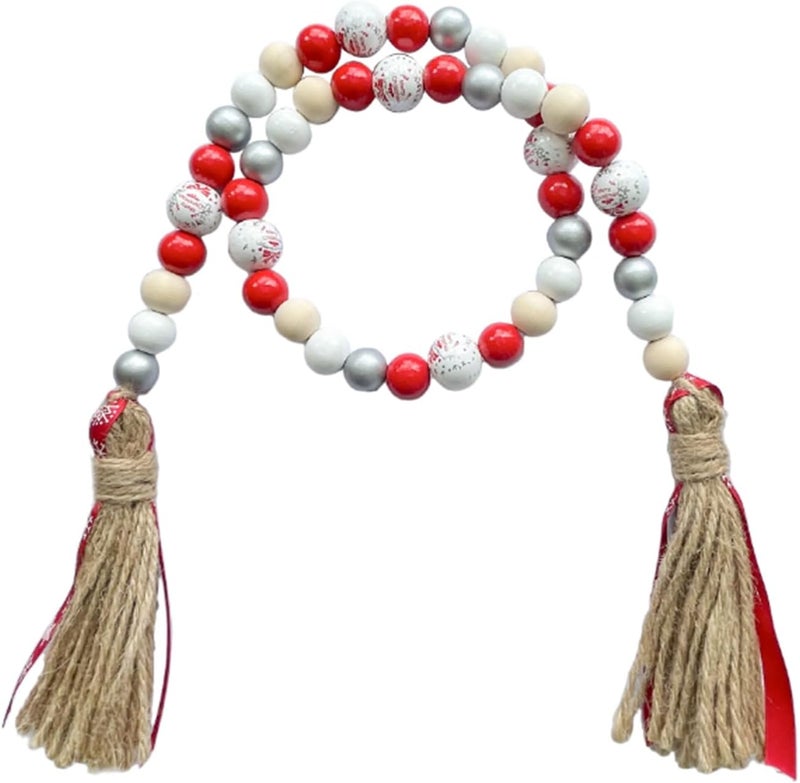 Elifel Christmas Decro Wood Bead Garland Tassels 1 Pack 40inch Farmhouse Boha Beaden Wooden Garlands for Holiday Coffee Table Wall Hanging Tiered Tray Decoration Mantel Shelf Thanksgiving - Image 1
