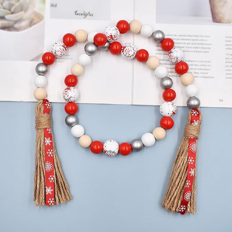 Elifel Christmas Decro Wood Bead Garland Tassels 1 Pack 40inch Farmhouse Boha Beaden Wooden Garlands for Holiday Coffee Table Wall Hanging Tiered Tray Decoration Mantel Shelf Thanksgiving - Image 5