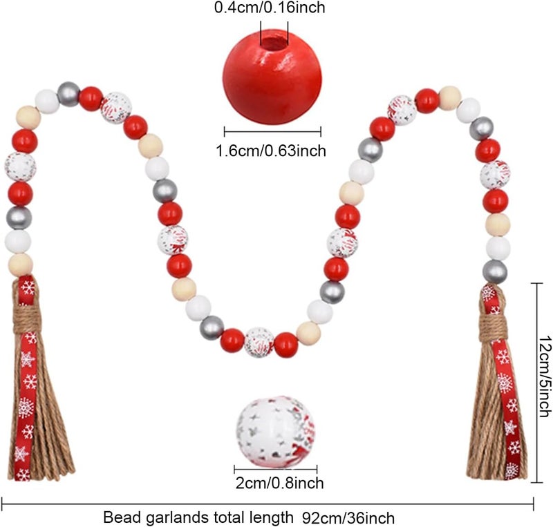 Elifel Christmas Decro Wood Bead Garland Tassels 1 Pack 40inch Farmhouse Boha Beaden Wooden Garlands for Holiday Coffee Table Wall Hanging Tiered Tray Decoration Mantel Shelf Thanksgiving - Image 2