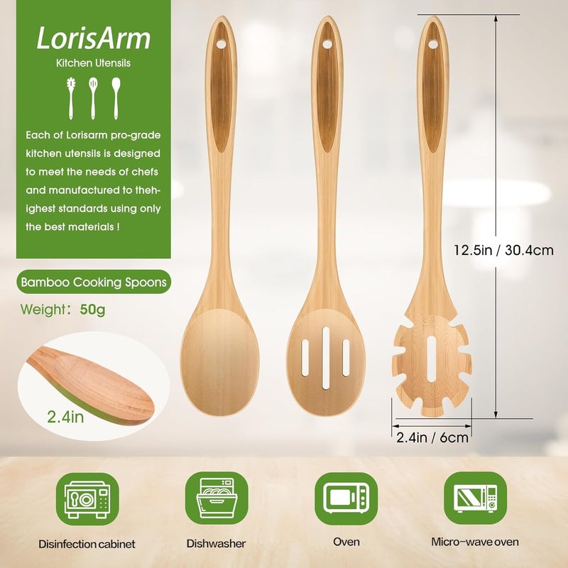 LorisArm 12.5" Bamboo Spaghetti Server Spoon, Wooden Pasta Fork Spoons Wood Noodle Spoon. - Image 1