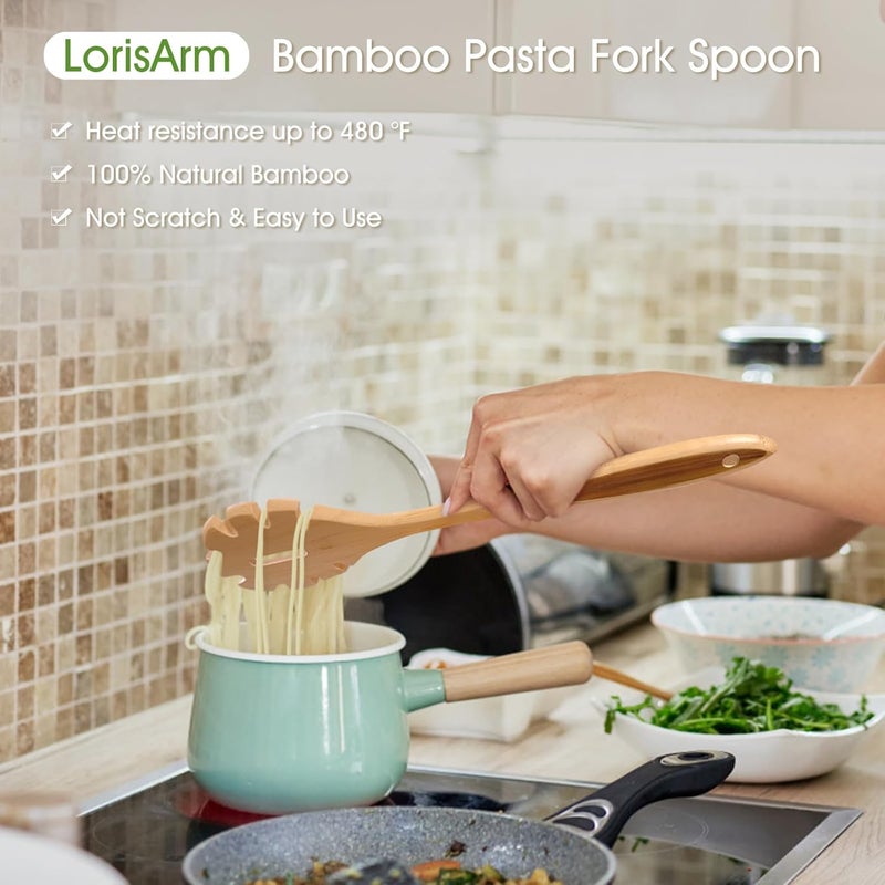 LorisArm 12.5" Bamboo Spaghetti Server Spoon, Wooden Pasta Fork Spoons Wood Noodle Spoon. - Image 2