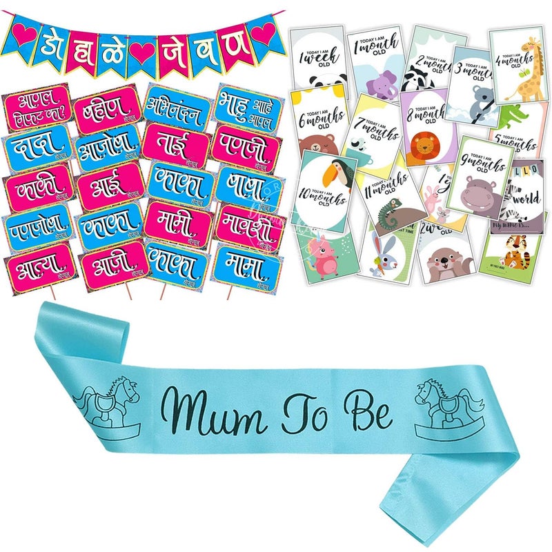 Wobbox Marathi Baby Shower Decoration Items| Baby Shower Ceremony Photo Booth Props for Photoshoot, Baby Shower Banner& Mom to Be Sash with Milestone Card, Godh Bharai Ceremony Decoration Kit-(FP232) - Image 1