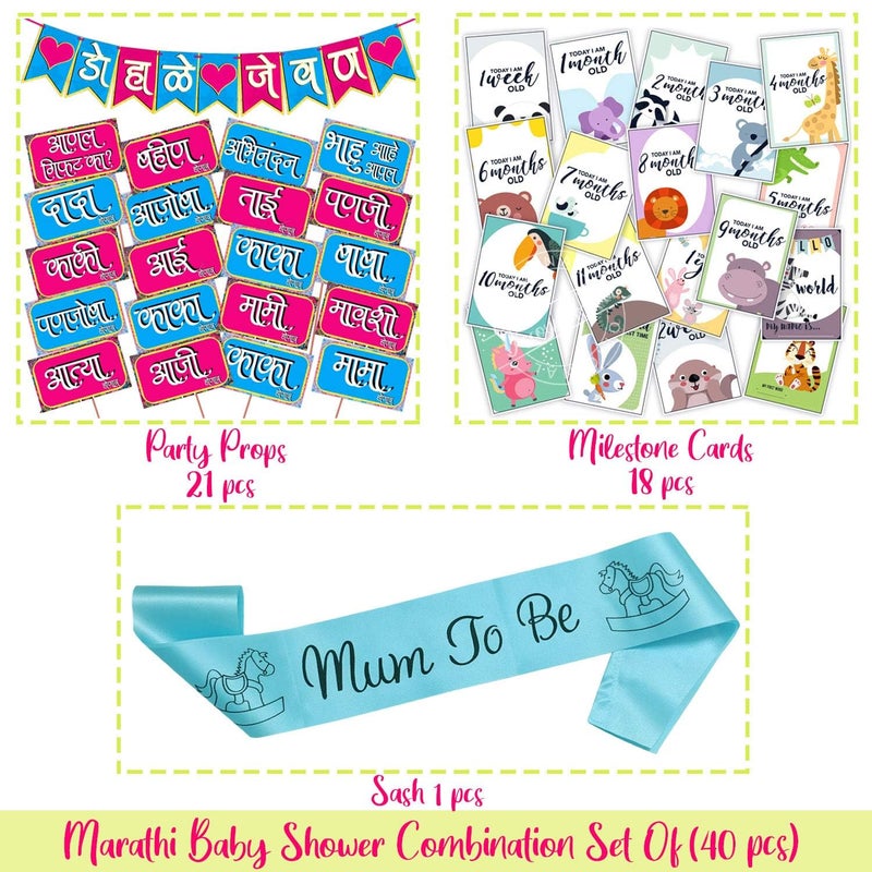 Wobbox Marathi Baby Shower Decoration Items| Baby Shower Ceremony Photo Booth Props for Photoshoot, Baby Shower Banner& Mom to Be Sash with Milestone Card, Godh Bharai Ceremony Decoration Kit-(FP232) - Image 2