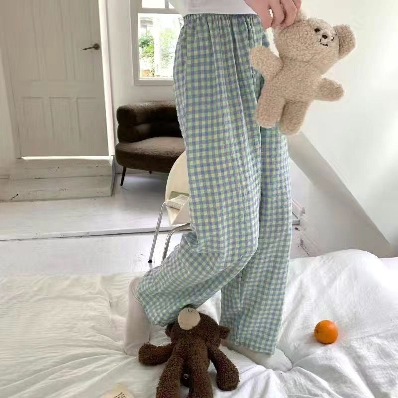 2024 Summer New Korean Plaid Sweet and Comfortable Breathable Home Walking Pajama Pants Fresh All-match Outer Wear Trousers Blue plaid [recommended model] 