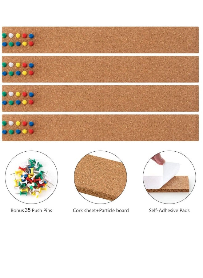 Generic Cork Board Bulletin Board Bar Strip Thick Frameless Cork Board Strips with 35 Multi Color Push Pins Strong Self Adhesive Backing 4 Pack  - Image 3