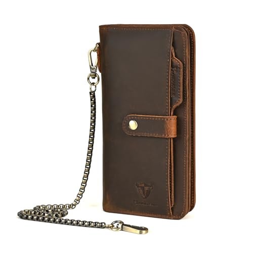 Handadsume Genuine Crazy Horse Leather Travel Gift Coin Pocket Card Case Long Organizer Chain Rfid Wallet Purse With Snap For Men Male 1803 1815 W1821Brown - Image 1