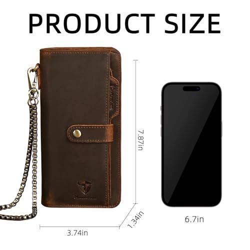 Handadsume Genuine Crazy Horse Leather Travel Gift Coin Pocket Card Case Long Organizer Chain Rfid Wallet Purse With Snap For Men Male 1803 1815 W1821Brown - Image 3