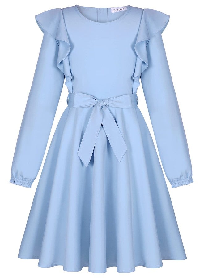 Quedoris Girls Ruffle Trim Dress Print and Solid Color A-line Swing Flared Belted Casual Party Dress with Zipper, Blue Fall, 11-12 Years - Image 2