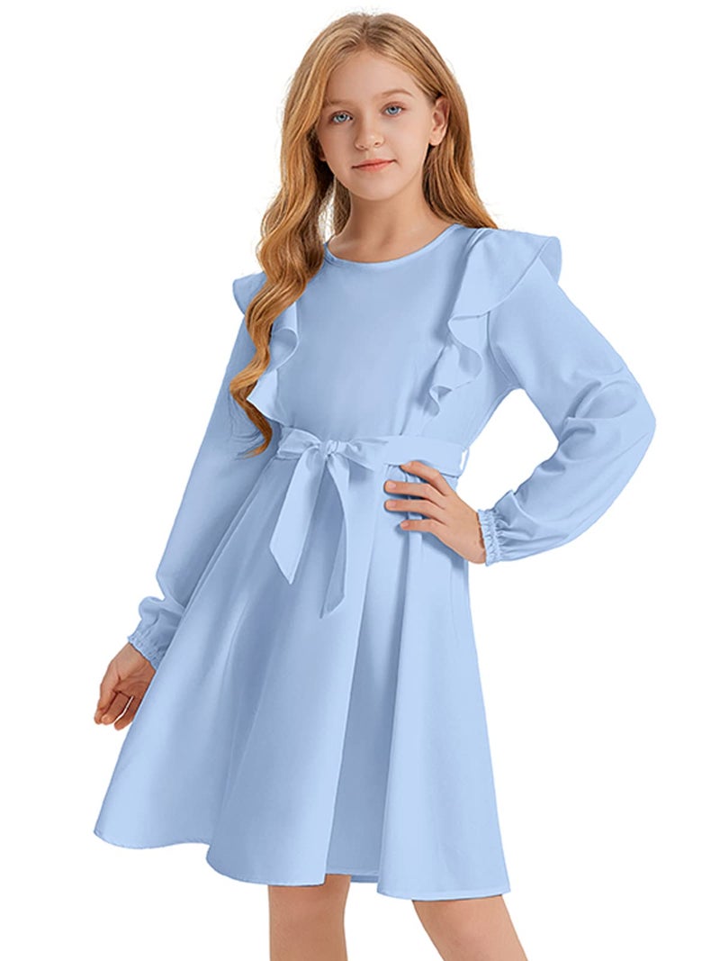 Quedoris Girls Ruffle Trim Dress Print and Solid Color A-line Swing Flared Belted Casual Party Dress with Zipper, Blue Fall, 11-12 Years - Image 1