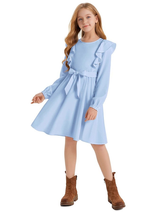 Quedoris Girls Ruffle Trim Dress Print and Solid Color A-line Swing Flared Belted Casual Party Dress with Zipper, Blue Fall, 11-12 Years - Image 3