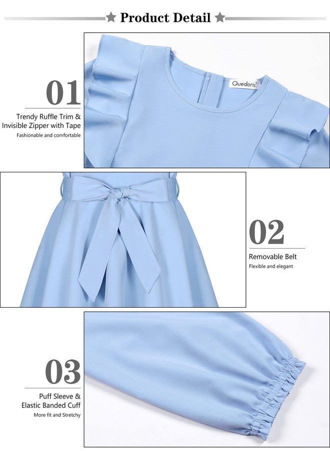 Quedoris Girls Ruffle Trim Dress Print and Solid Color A-line Swing Flared Belted Casual Party Dress with Zipper, Blue Fall, 11-12 Years - Image 5