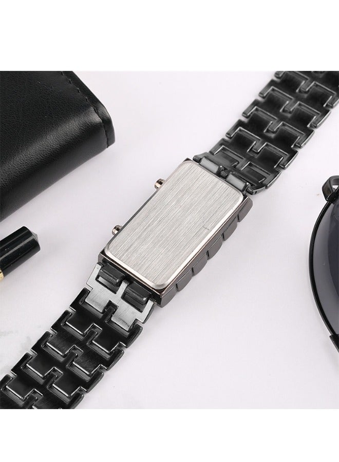 Men's Lava Style Stainless Steel Watch,Classic Mens Binary Square LED Digital Watch Black Bracelet Watch Black Blue - Image 5