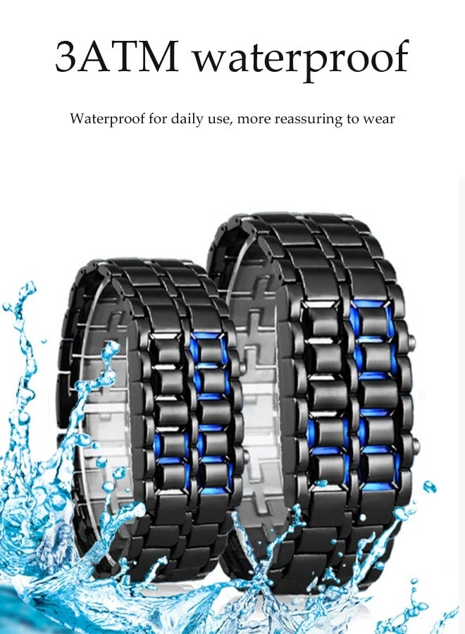 Men's Lava Style Stainless Steel Watch,Classic Mens Binary Square LED Digital Watch Black Bracelet Watch Black Blue - Image 3