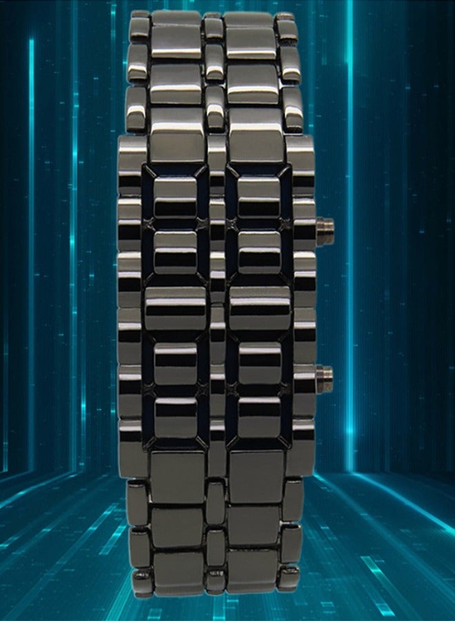 Men's Lava Style Stainless Steel Watch,Classic Mens Binary Square LED Digital Watch Black Bracelet Watch Black Blue - Image 2