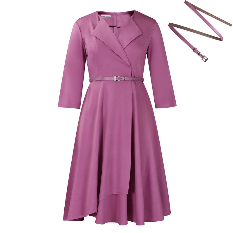 Fashion V-Neck Solid Color High Waist Dress Lotus pink + belt 