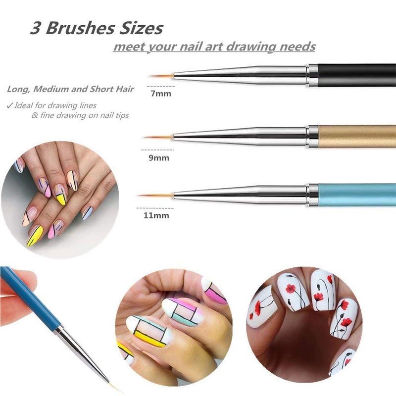 SQULIGT 3PCS Nail Art Liner Brushes, UV Gel Painting Acrylic Nail Design Nylon Brush, Nail Painting Drawing Pens (7/9/11mm) - Image 2