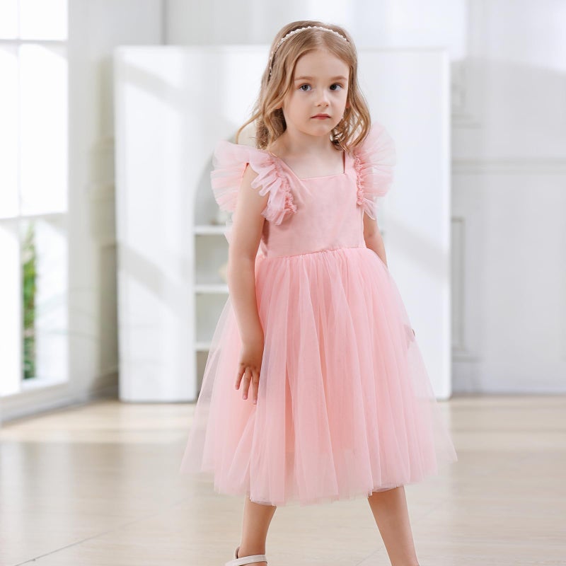 Tutu.kk Baby Girls Vintage Party Dress Ruffled Sleeve A-Line Tulle Flower Girl Dresses for Wedding,Birthday Pink 18-24 Months - Image 3
