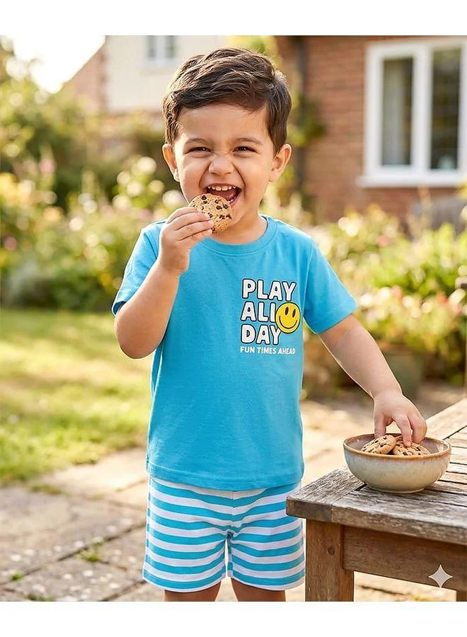 Babyhug Babyhug Cotton Knit Half  Sleeves T-Shirt & Short Striped Night-Suit With Text Print - Blue