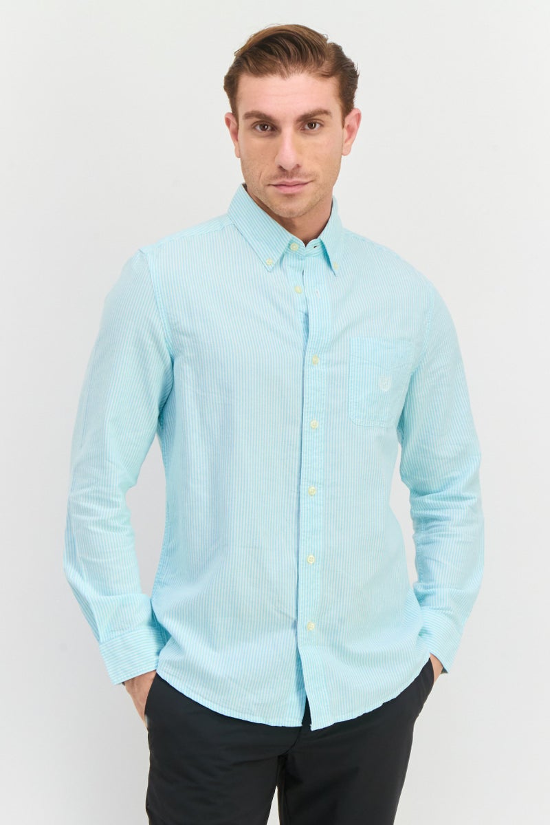 Chaps Men Custom Fit Long Sleeve Stripe Casual Shirt, Blue - Image 1