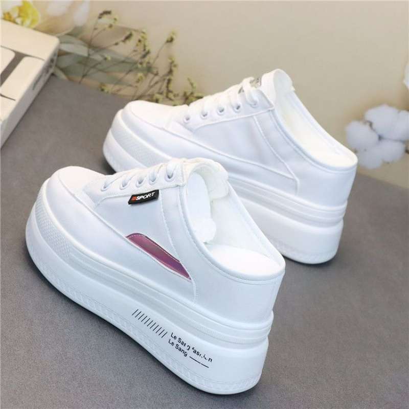 Trendy Slip-On Mules For Petite Individuals, Height-Increasing And Slimming 10Cm Lace-Up Casual White Shoes For Outdoor Wear - Image 1
