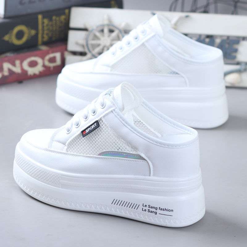 Trendy Slip-On Mules For Petite Individuals, Height-Increasing And Slimming 10Cm Lace-Up Casual White Shoes For Outdoor Wear - Image 2