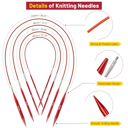 Aeelike Interchangeable Knitting Needles,13 Pairs Circular Knitting Needles Set Aluminum (Size 3.0mm-10.0mm) with 4 Cables for Socks Blankets Cushions, Ideal Crochet Gift - Image 3