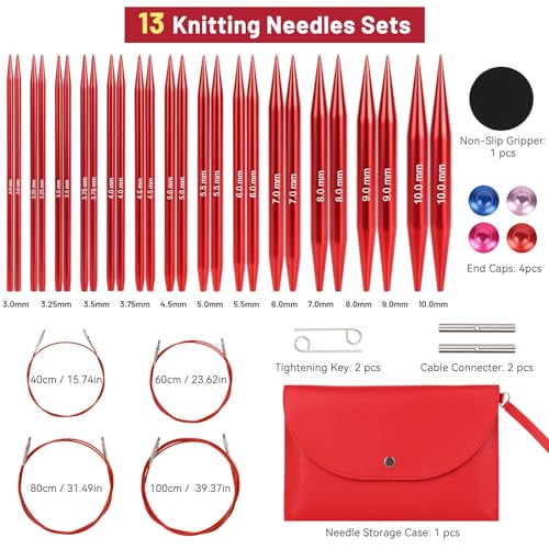 Aeelike Interchangeable Knitting Needles,13 Pairs Circular Knitting Needles Set Aluminum (Size 3.0mm-10.0mm) with 4 Cables for Socks Blankets Cushions, Ideal Crochet Gift - Image 2