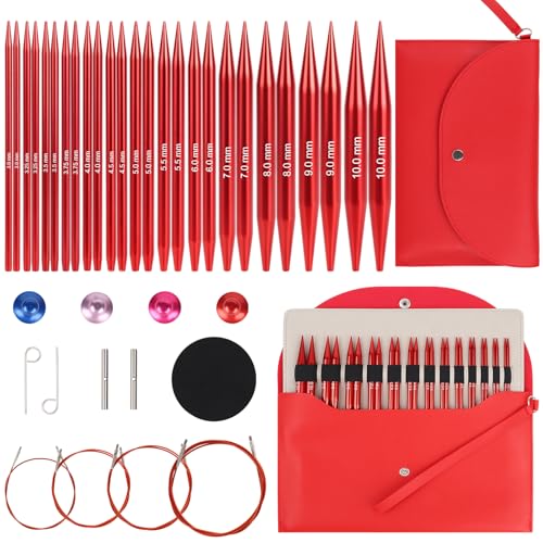 Aeelike Interchangeable Knitting Needles,13 Pairs Circular Knitting Needles Set Aluminum (Size 3.0mm-10.0mm) with 4 Cables for Socks Blankets Cushions, Ideal Crochet Gift - Image 1