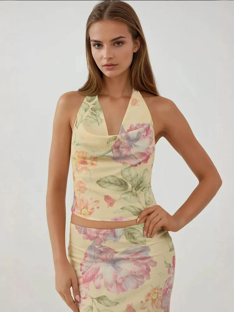 HICCUP Floral Crop Blouse with Choker Collar