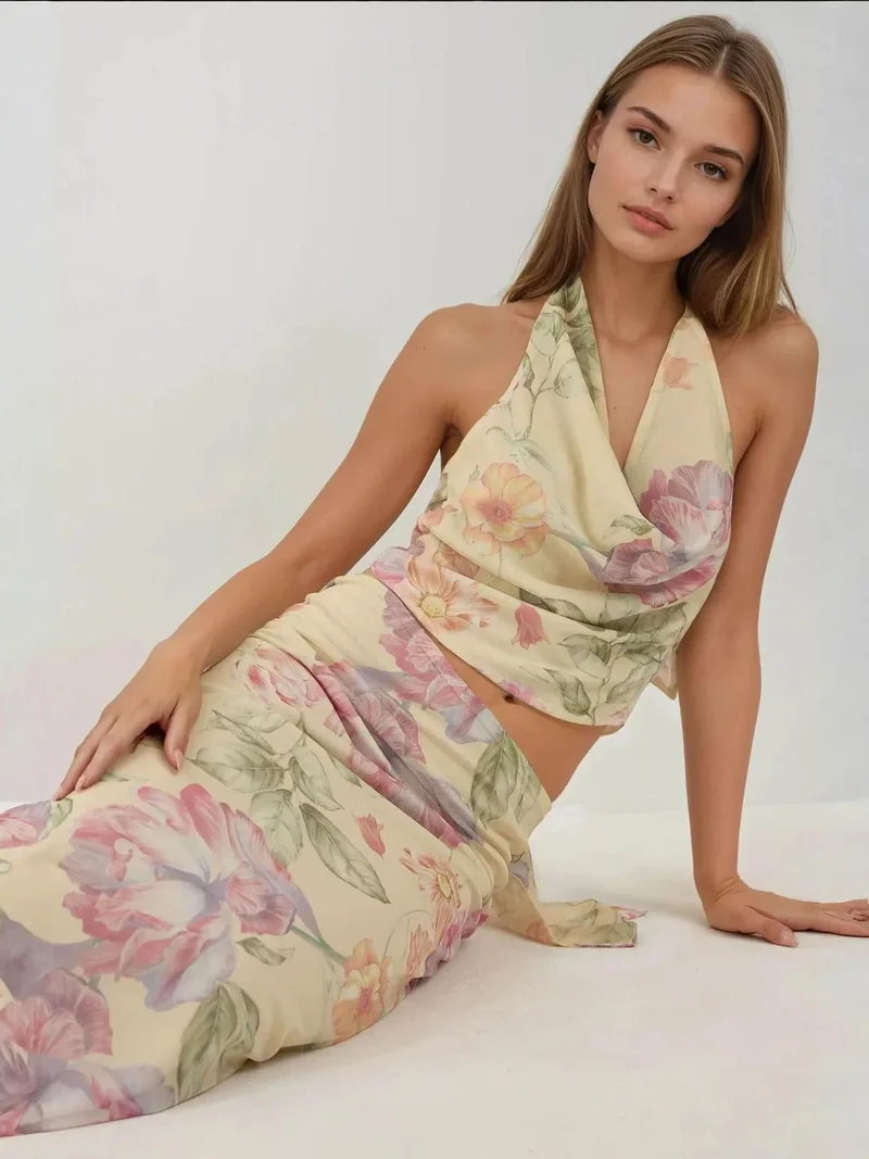 HICCUP Multicolor Floral Crop Blouse with Choker Collar for Women | Best Price UAE