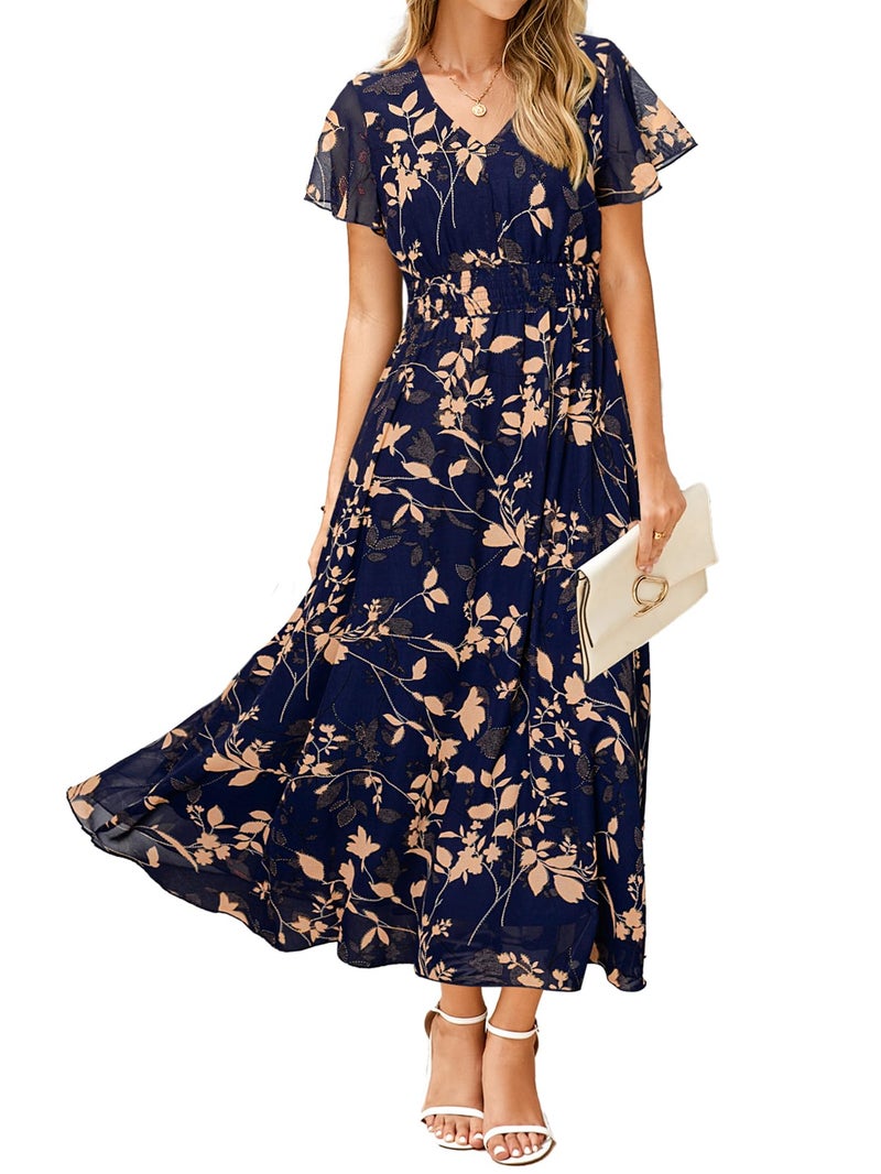 Simplee Apparel Simplee Womens Floral Maxi Dress - Short Sleeve Summer Boho Wedding Guest Dress Empire Waist Chiffon Modest Midi Dresses Navy,L - Image 1