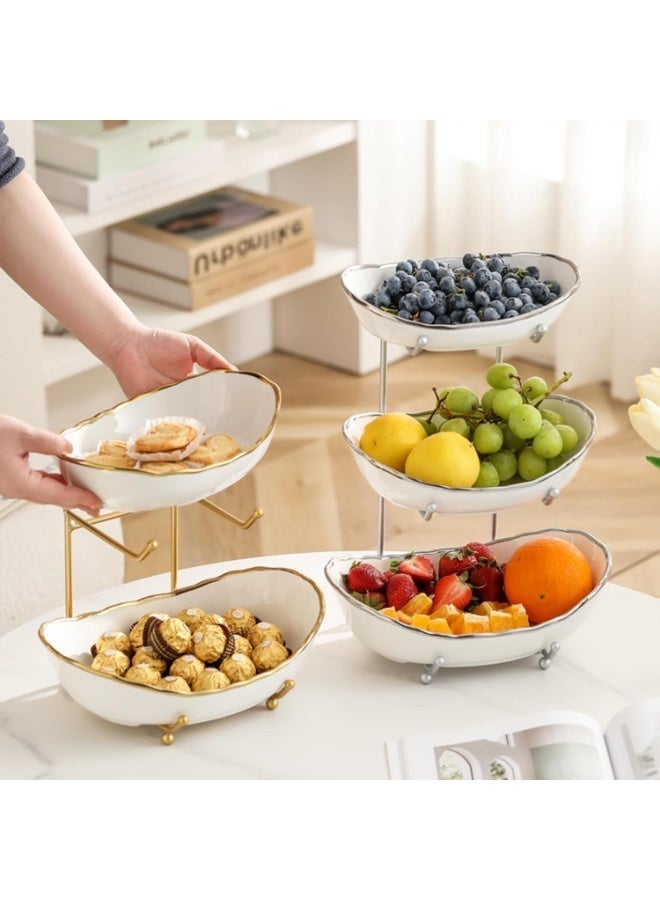 2-Tier Ceramic Fruit Bowl Set, Gold-Rimmed White Bowls with Metal Stand, Modern Multi Layer Fruit Display Stand for Party - Image 5