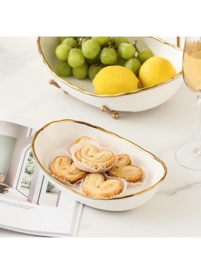 2-Tier Ceramic Fruit Bowl Set, Gold-Rimmed White Bowls with Metal Stand, Modern Multi Layer Fruit Display Stand for Party - Image 3