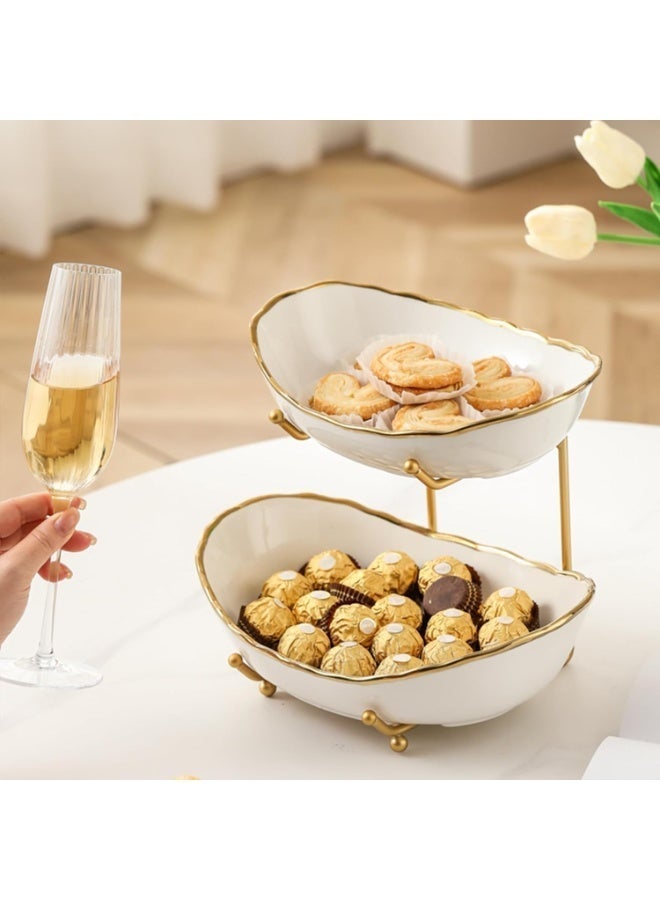 2-Tier Ceramic Fruit Bowl Set, Gold-Rimmed White Bowls with Metal Stand, Modern Multi Layer Fruit Display Stand for Party - Image 4