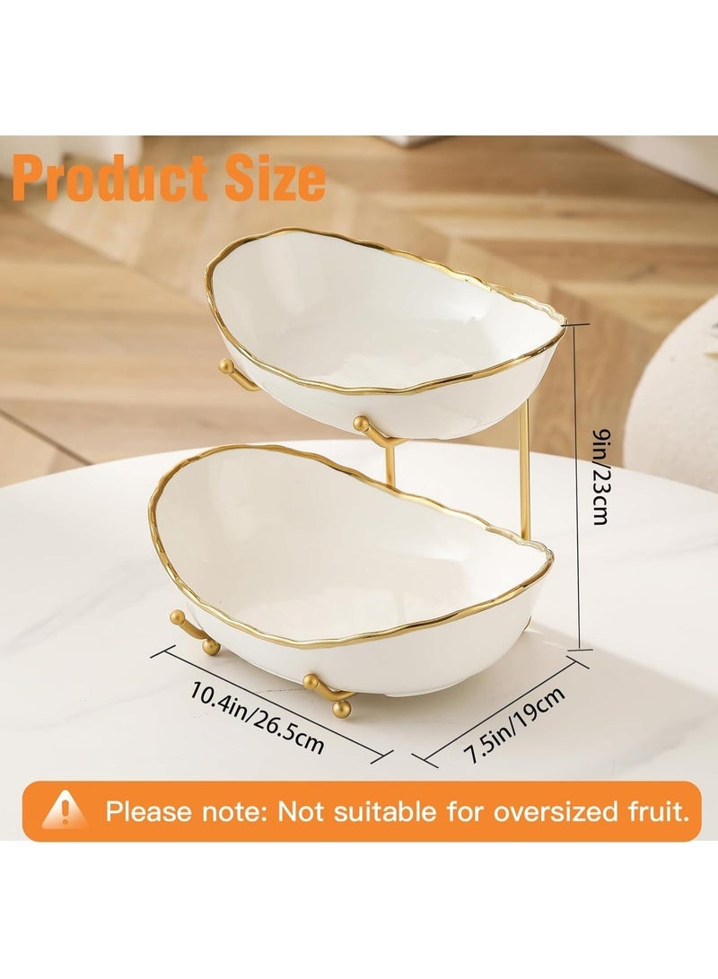 2-Tier Ceramic Fruit Bowl Set, Gold-Rimmed White Bowls with Metal Stand, Modern Multi Layer Fruit Display Stand for Party - Image 2