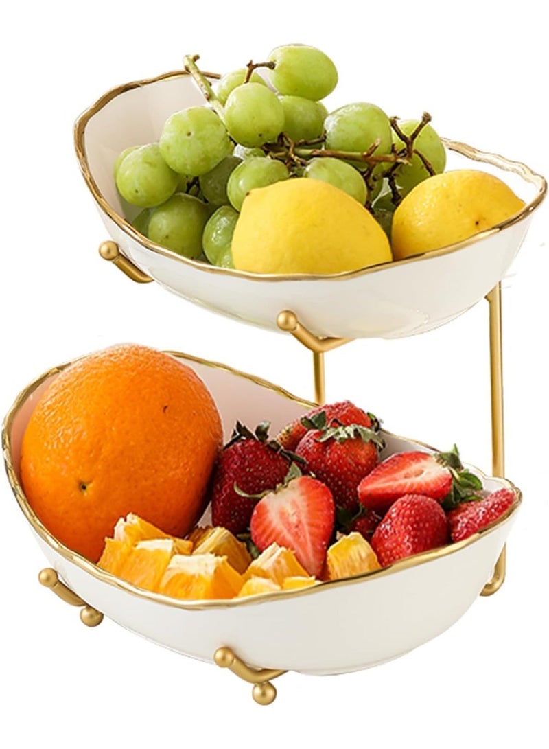 2-Tier Ceramic Fruit Bowl Set, Gold-Rimmed White Bowls with Metal Stand, Modern Multi Layer Fruit Display Stand for Party - Image 1