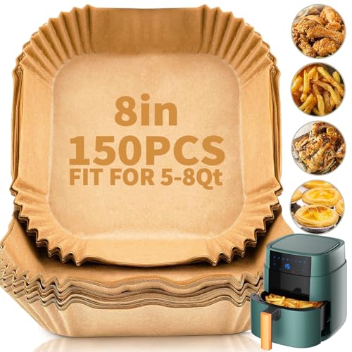 DSMY 150 PCS Air Fryer Disposable Paper Liners,8 Inch Square Parchment Disposable Paper Liner for 5-8QT Air Fryer,Baking, Roasting and Microwave, Non-Stick Airfryer Accessories - Image 1