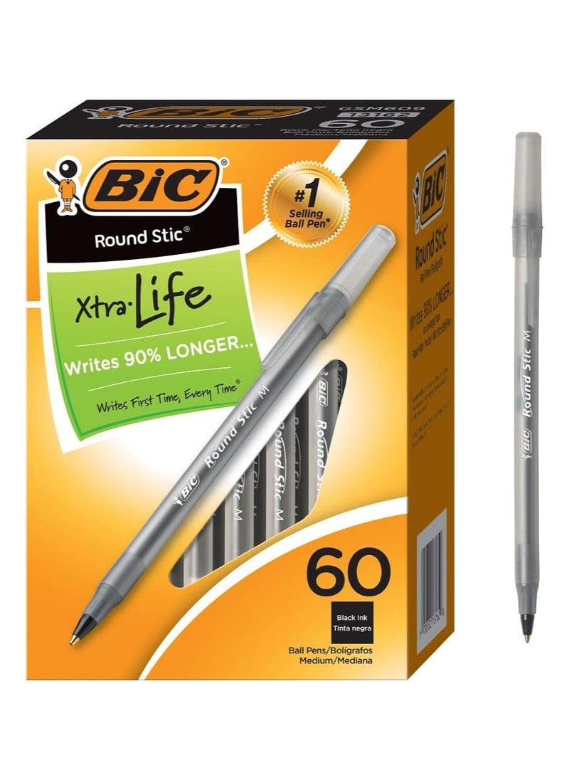 بيك قلم حبر جاف BIC Round Stic Xtra Life، نقطة متوسطة (1.0 مم)، أسود، عدد 60 