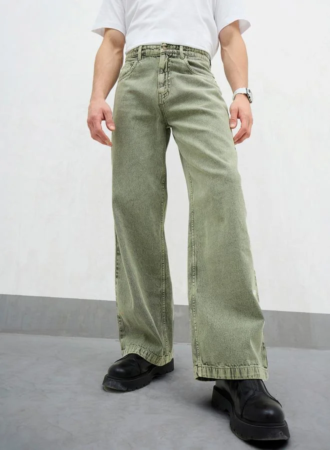 ساسافراس Sassafras Men Green Mid Rise Plain Wide Leg Jeans
