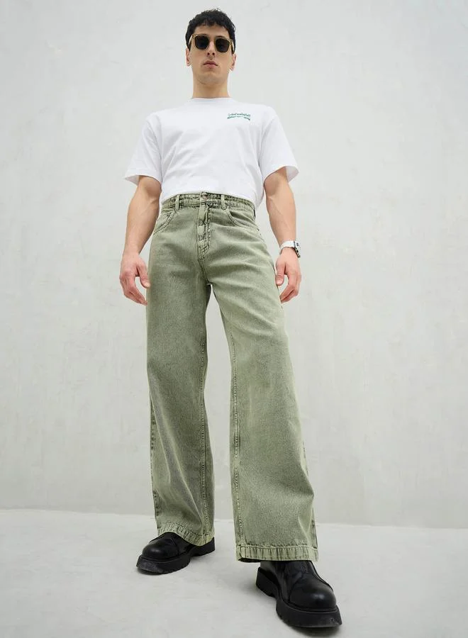 SASSAFRAS Men Green Mid Rise Plain Wide Leg Jeans