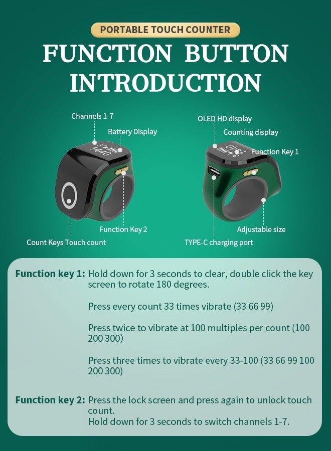 Multifunctional Zikr Ring Tasbih Counter, Portable Touch Counter with Vibration Reminder, Waterproof OLED Screen, Adjustable Silicone Ring for Various Wearing Sizes, Green - Image 4