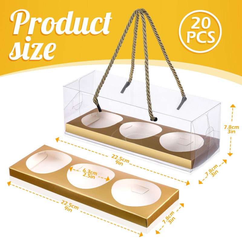 Thenshop Valentine's Day 20 Pcs 9 x 3 x 3 Inch Clear Cupcake Boxes with Handle and Insert Portable Pastry Packaging for Cupcakes Carrier Muffin Bakery Take out Containers Wedding Party(Gold) - Image 2