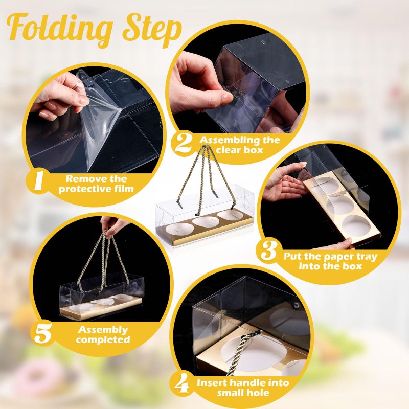 Thenshop Valentine's Day 20 Pcs 9 x 3 x 3 Inch Clear Cupcake Boxes with Handle and Insert Portable Pastry Packaging for Cupcakes Carrier Muffin Bakery Take out Containers Wedding Party(Gold) - Image 3