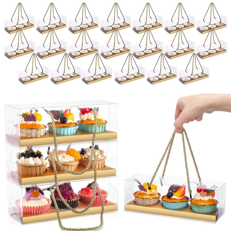 Thenshop Valentine's Day 20 Pcs 9 x 3 x 3 Inch Clear Cupcake Boxes with Handle and Insert Portable Pastry Packaging for Cupcakes Carrier Muffin Bakery Take out Containers Wedding Party(Gold) - Image 1