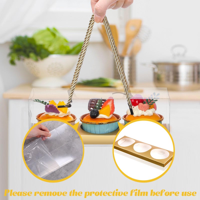 Thenshop Valentine's Day 20 Pcs 9 x 3 x 3 Inch Clear Cupcake Boxes with Handle and Insert Portable Pastry Packaging for Cupcakes Carrier Muffin Bakery Take out Containers Wedding Party(Gold) - Image 4