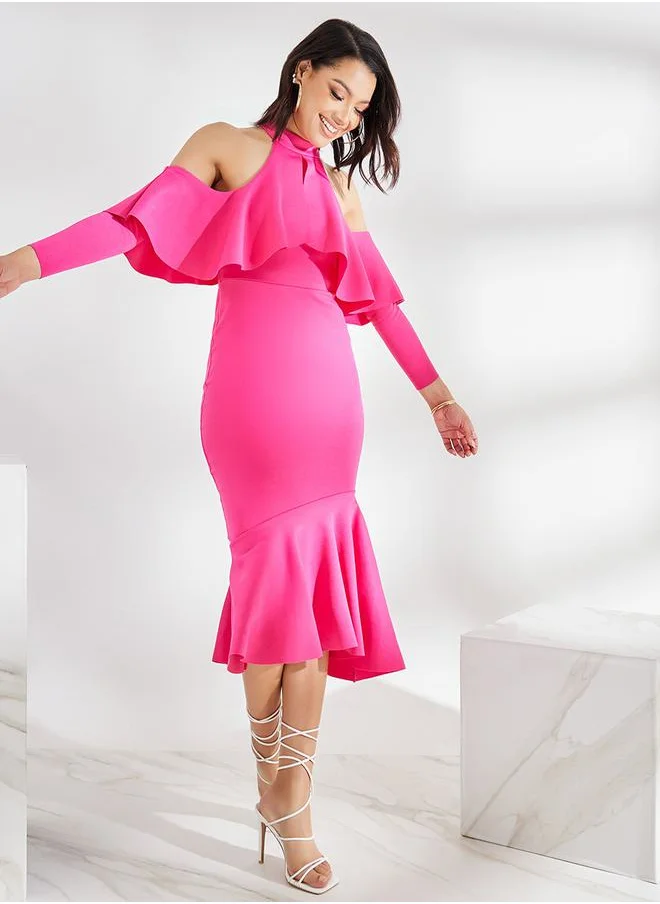 ستايلي Cold Shoulder Sleeve Ruffled Bodycon Midi Dress