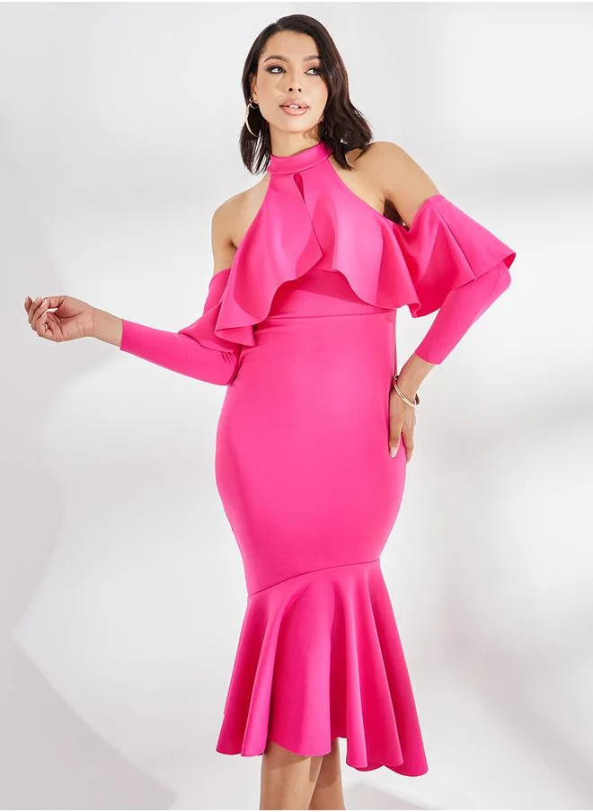 ستايلي Cold Shoulder Sleeve Ruffled Bodycon Midi Dress